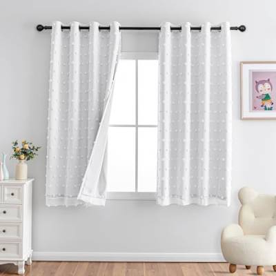 MYSKY HOME Gardinen Weiß Blickdicht Kurze Vorhänge 160 cm Hoch —— Verdunklungsvorhänge mit Ösen Vorhang Kinderzimmer Mädchen Thermovorhang Doppellagige Pom Pom Gardine, H 175 x B 140 cm, Weiß von MYSKY HOME